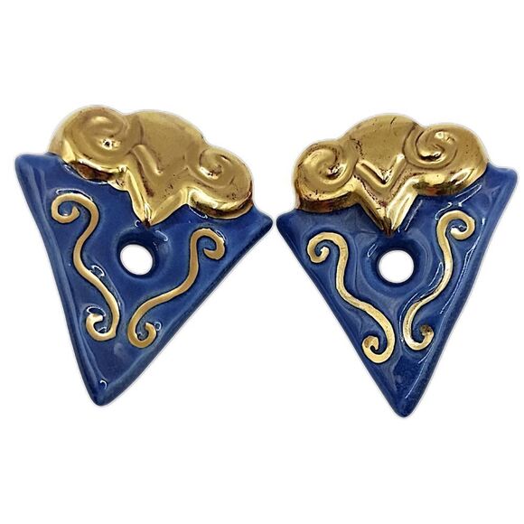 Geometric Abstract Earrings Clip On Terracotta Clay Handpainted Large Blue Gold - Picture 14 of 16